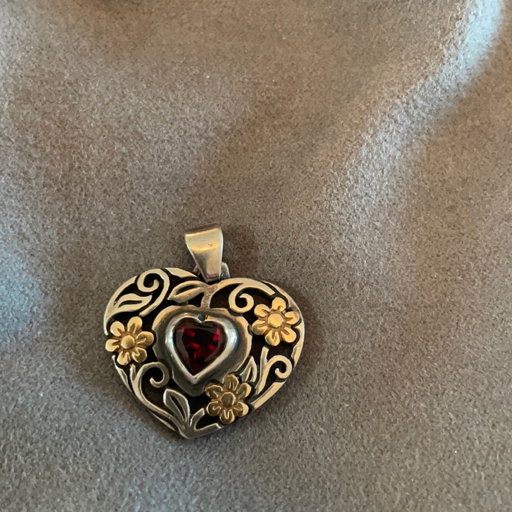 Beautiful James Avery Garnet Heart Pendant with 14k gold flowers